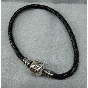 Auth PANDORA 925 Sterling Silver Braided Leather Single Wrap Bracelet Black 6.5"